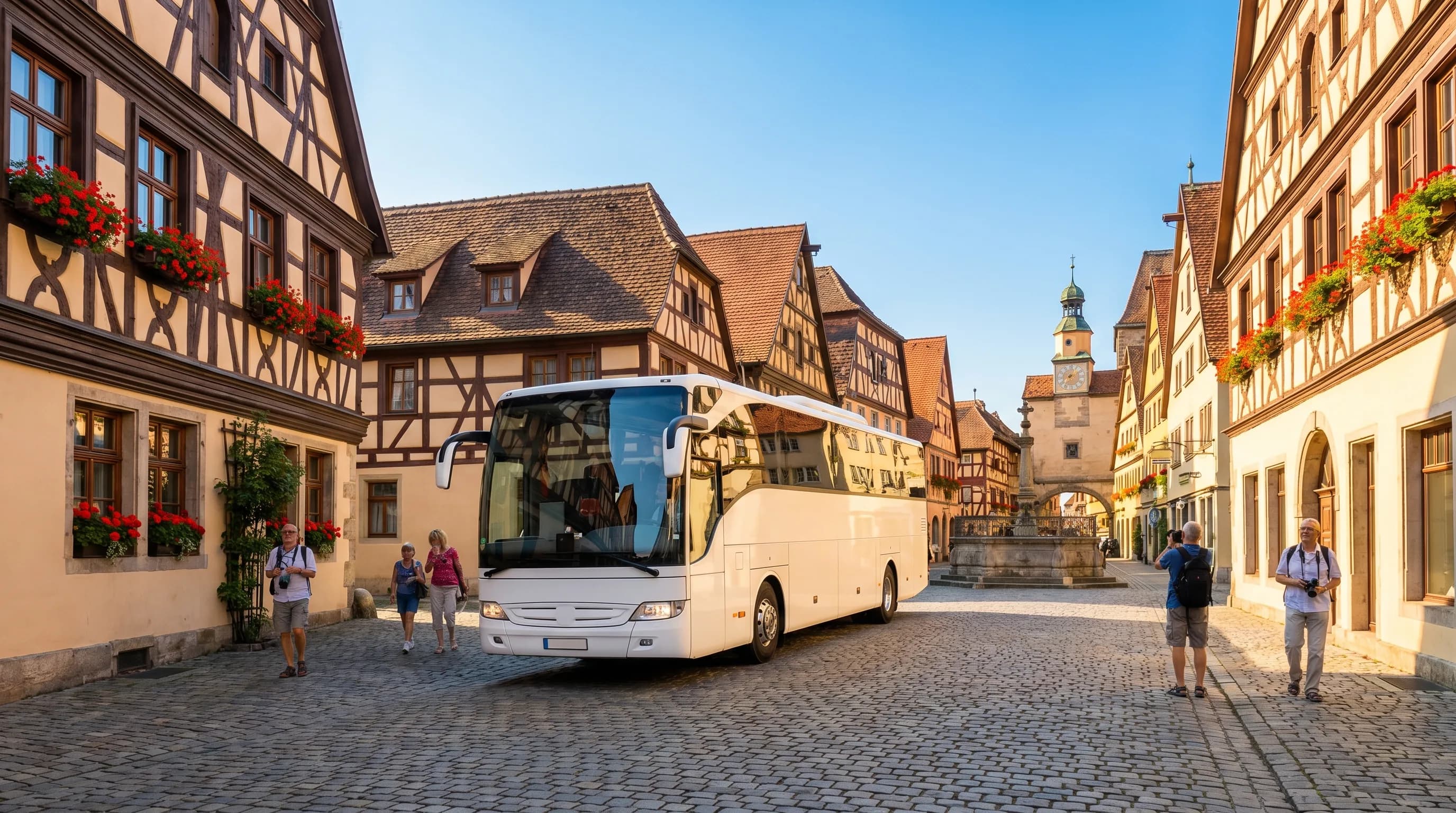 Reisebus an einem historischen deutschen Marktplatz